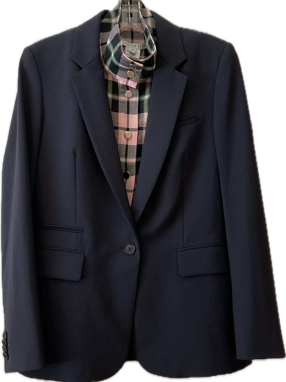 Veronica Beard Navy Single-Button Blazer Jacket with Pink Plaid Dickey. Size 6